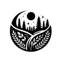 Silhouette of a forest and field scene encapsulated within a circle, depicting a crescent moon, sun, and stars, using black and white contrasting elements. vector