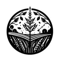 Circular Monochrome Emblem Field of Wheat, Tree, Arrow, Leaves, Birds, Hills, Symbolic of Nature, Growth, and Harvest in a Minimalist vector