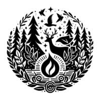 A circular, minimalist black and white illustration of a deer in a forest with birds and a campfire, embodying natures tranquility. vector