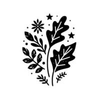 Minimalist Black and White Botanical featuring Leaves, Stars, and Floral Elements, Composed on a Plain White Background. vector