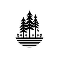 Minimalist Black Forest Iconic Emblem of Pine Trees and Small Plants on a Striped, Rounded Horizon. vector