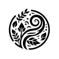 Harmonious Black and White Circular Floral Emblem, Featuring Leaves, Swirls, and Dots, Representing Growth and Balance. vector
