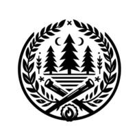 Black and white circular nature emblem featuring pine trees, crossed logs, crescent moons, and a campfire surrounded by laurel leaves and subtle, stylized elements. vector