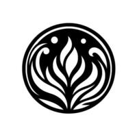 Elegant, symmetrical, black and white featuring a stylized plant motif enclosed in a circular border, with two floating dots. vector