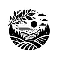 Stylized Circular Landscape A Black and White Illustration of Natures Harmony with Fields, Mountains, Trees, Clouds, and the Sun. vector