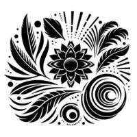 Intricate black and white floral mandala with stylized feathers, leaves, and geometric patterns. vector