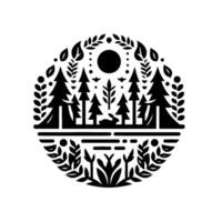 Circular Black White Illustration Forest Scene with Trees, a Rabbit, and a Sun, Framed by Foliage in a Minimalist Style. vector