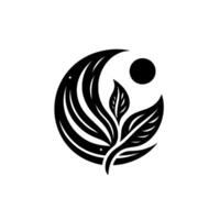 Elegant black and white featuring stylized leaves and a crescent moon shape, with a dot element, on a white background. vector