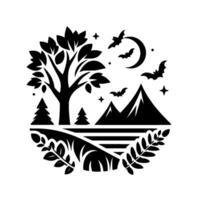 Stylized black and white Halloween landscape trees, mountains, bats, moon, and stars within a circular frame. vector