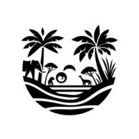 Stylized Black and White Silhouette of African Savannah Landscape within a Circular Frame, Featuring Palm Trees and Wildlife vector