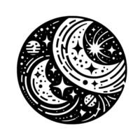 Intricate celestial artwork depicting a black and white circular featuring crescent moons, planets, and stars, in a minimalist and patterned style. vector