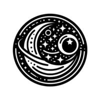 Intricate Black and White Circular Celestial with Moons, Stars, and Orbital Lines Against a White Backdrop. vector