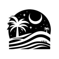 Serene Black and White Silhouette Palm Trees, Moon, and Stars Over Rolling Waves Under a Night Sky. vector