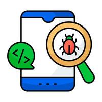 Virus under magnifying glass, debugging icons vector