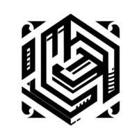 Geometric Abstract A symmetrical black and white pattern resembling a maze or industrial within a hexagon shape. vector