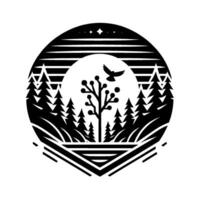 Minimalist Circular Emblem Pine Forest Silhouette with Bird, Moon, and Stars in Geometric Black and White. vector
