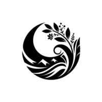 Elegant Black and White Nature Emblem Crescent, Mountains, Flora, and Flowing Lines Within Circular . vector