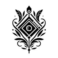Ornate Black and White Geometric with Leaves, Diamonds, and an Eyelike Center, symmetrical and decorative. vector