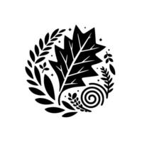 Minimalist Black and White Botanical Illustration Featuring Oak Leaf, Wreath, and Spiral Element, Circular Composition. vector