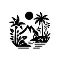 Silhouette scene A monkey surveys a tropical landscape, island, sun, palm trees and mountains are in a circular frame, all black on white. vector