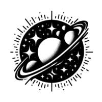 Stylized Black and White Planet Illustration with Ring, Planets, Stars and Burst Elements, Space Theme . vector