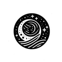 Abstract black and white celestial illustration within a circle featuring a crescent moon, swirling clouds, stars, and a dotted outer border, symbolic . vector