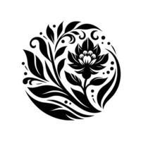 A stylized black and white floral , featuring a lotus flower, leaves, and curling vines arranged in a circular composition. vector