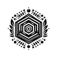 Abstract Black and White Hexagonal Mandala with Geometric Patterns, Foliage, and Decorative Elements on White Background. vector