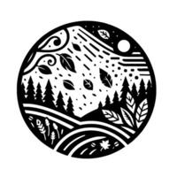 Black and White Circular Nature Illustration Forest Scene with Falling Leaves, Moon, and Decorative Elements vector