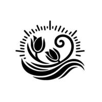 Stylized Black and White Floral Featuring Two Tulips, Swirls, Waves, and Bursting Rays. vector