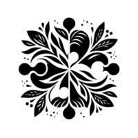 Symmetric Black and White Floral Composed of Leaves and Organic Shapes Radiating from a Central Point on a White Background. vector