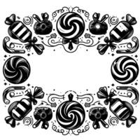 Intricate monochrome candy frame featuring lollipops, wrapped sweets, and decorative elements, perfect for invitations or sweetthemed projects. vector