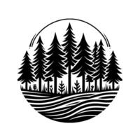 Silhouetted Forest Landscape within a Circle Pine Trees, Grass, and Wavy Lines, Black and White, NatureInspired, Emblem vector