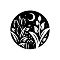 Floral Silhouette Moonlit Garden Scene within a Circle, Illustrating Buds, Leaves, and a Crescent Moon in a Minimalist, BlackandWhite . vector