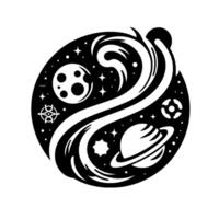 YinYang space illustration featuring planets, stars, swirls, celestial objects, and symbolic elements in a black and white stylized within a circular frame. vector