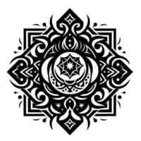 Intricate Black and White Geometric Mandala with Celestial and Tribal Elements in Symmetrical Arrangement. vector