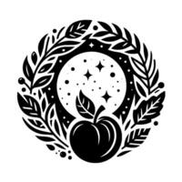 Black and white circular minimalist illustration of an apple framed by a leafy wreath, with a starry night background. vector