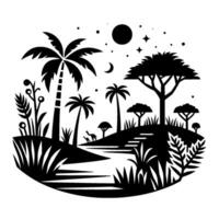 Silhouette of a serene savanna scene at night, featuring palm trees, diverse vegetation, animals near water, a crescent moon, and starry sky elements. vector