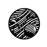 Monochrome Space Illustration Striped Planets, Stars, and Meteors in a Circular Composition on a White Backdrop. vector
