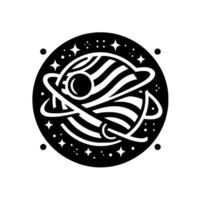 Black and white circular illustration featuring a planet with rings, adorned with stars and celestial bodies, evoking a sense of cosmic wonder. vector