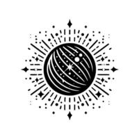 A stylized black and white celestial emblem featuring a detailed planet with stardust and radial starburst elements, evoking cosmic wonder. vector