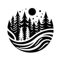 Monochromatic Forest Scene in Circular Frame Featuring Evergreens, Moon, and River with Organic Style. vector