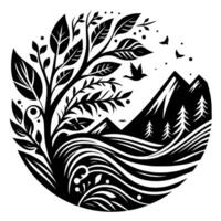 Black and White Circular Nature Scene Trees, Mountains, Birds, Water, and Foliage in a Harmonious Composition vector