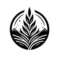 Black and white minimalist with leaf motif, mountains within a circle, conveying a sense of nature and peace. vector