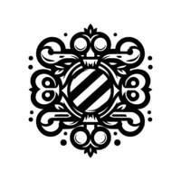 Ornamental symmetrical grayscale illustration of a central striped orb with floral, scroll, and dotlike accents. vector
