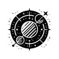 Celestial schematic a minimalist black and white circular illustration featuring planets, stars, and cosmic elements on a white background. vector
