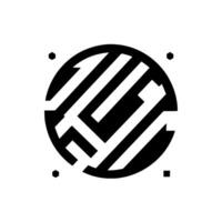 Abstract minimalist featuring a black circular pattern with white stripe maze and surrounding geometric shapes on a stark white background. vector