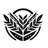 Minimalist Black and White Emblem featuring symmetrical stylized leaves within a circular frame, modern, and decorative. vector
