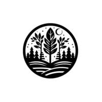 A stylized circular monochrome illustration depicting a serene forest landscape with trees, a crescent moon, and stars, in a flat . vector