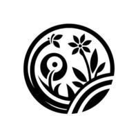 A stylized black and white botanical featuring a flower, leaves, and an abstract plant within a circular frame, evoking natures harmony. vector
